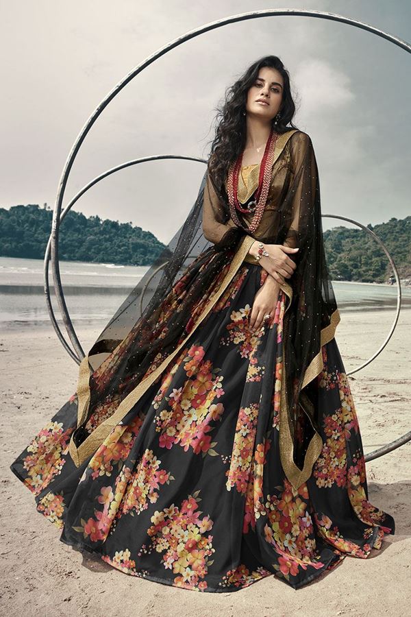 Picture of Satiny Black Colored  Designer Lehenga Choli Set