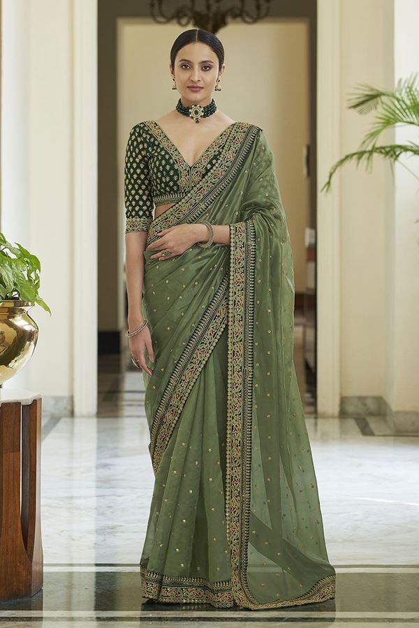 Picture of Flaunt Olive Green  Colored Art Silk Partywear Saree