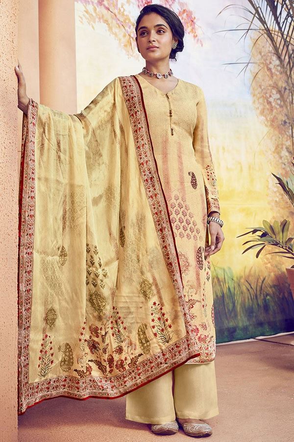 Picture of Refreshing Yellow Colored Muslin Printed Suit (Unstitched suit)