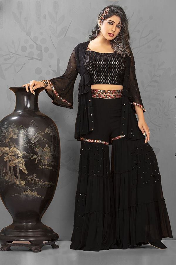 Picture of Black Colored Crop Top Style Palazzo Suit