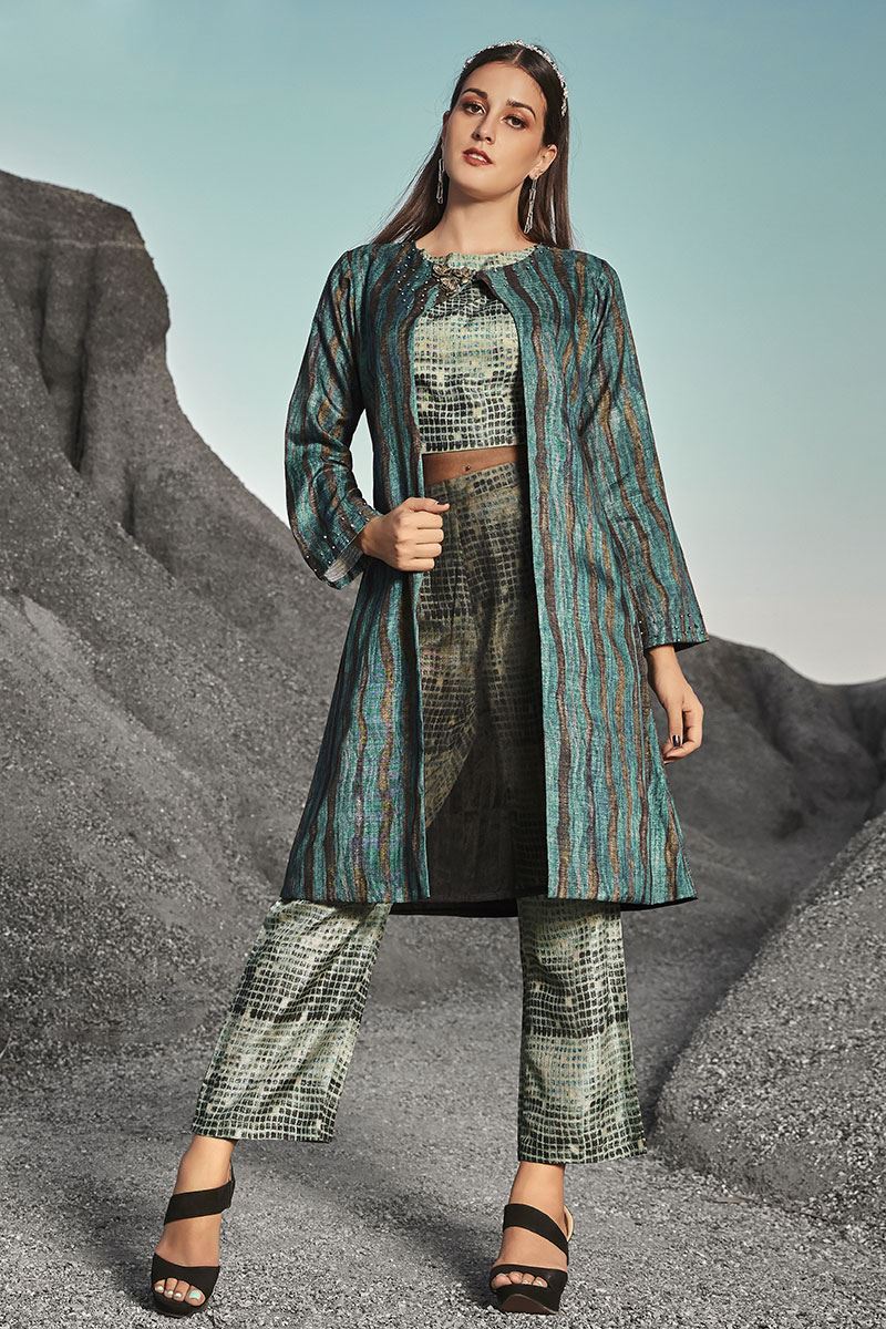 Twara peacock blue sequin embroidered 3/4th sleeve silk cotton Chinese  collar attached-coat style kurti