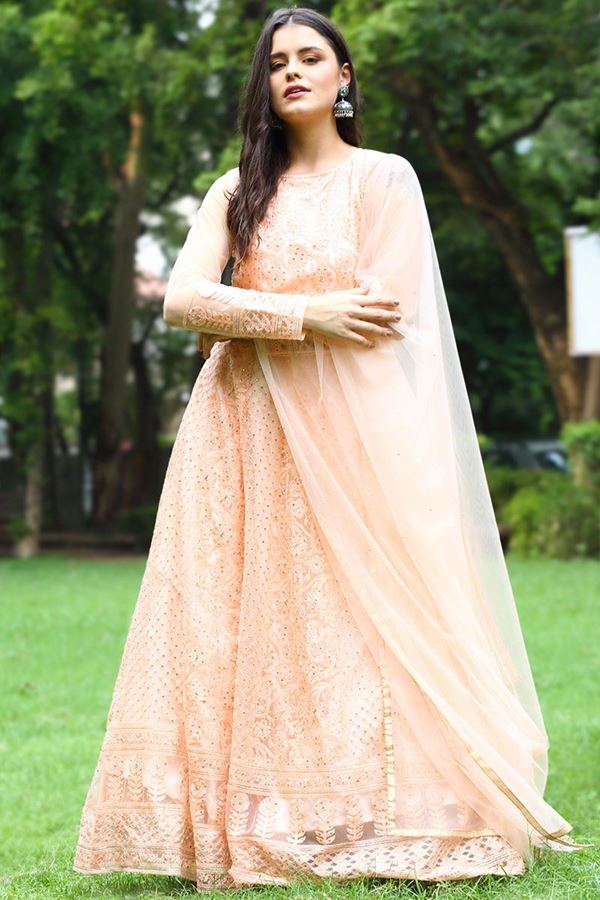 Picture of Beautiful Peach Colored Net Anarkali Suit (Unstitched suit)