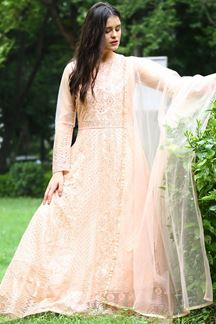 Picture of Beautiful Peach Colored Net Anarkali Suit (Unstitched suit)