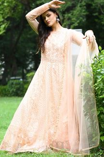 Picture of Beautiful Peach Colored Net Anarkali Suit (Unstitched suit)