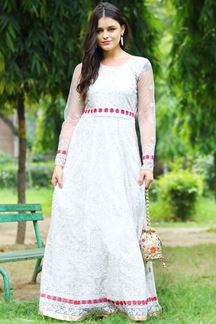 Picture of Elegant Cream Colored Net Anarkali Suit (Unstitched suit)