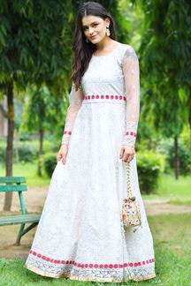 Picture of Elegant Cream Colored Net Anarkali Suit (Unstitched suit)