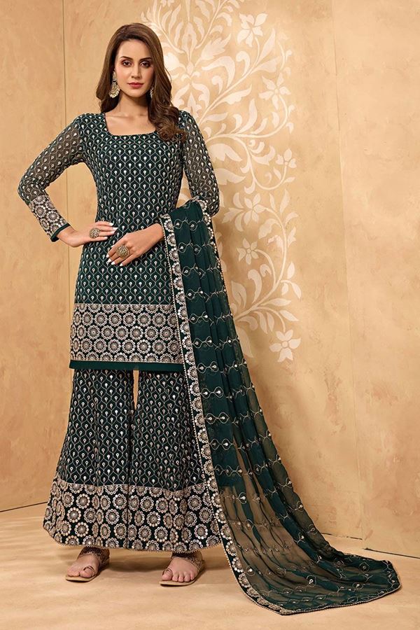Picture of Classy Bottle Green Colored Designer Palazzo Suit (Unstitched suit)