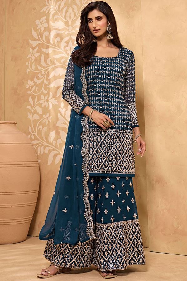 Picture of Classical Teal Blue Colored Designer Palazzo Suit (Unstitched suit)