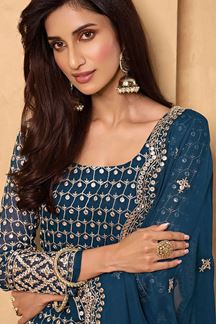 Picture of Classical Teal Blue Colored Designer Palazzo Suit (Unstitched suit)