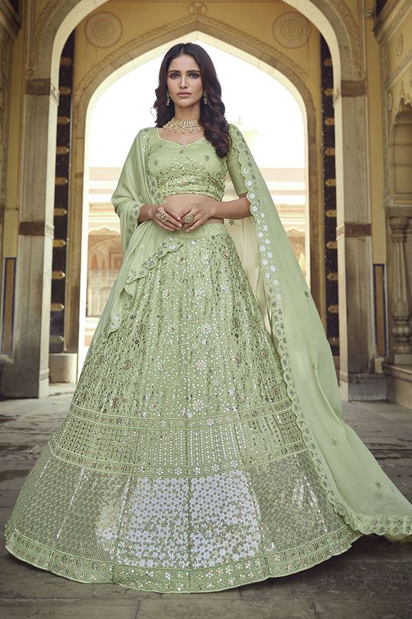 Picture of Designer Partywear Green Colored Georgette Lehenga Choli