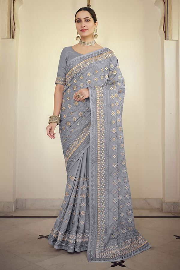 Picture of Hypnotic Grey Colored Satin Georgette Embroidery Saree