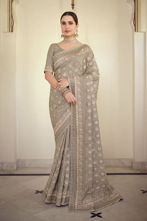 Picture of Graceful Grey Colored Satin Georgette Embroidery Saree