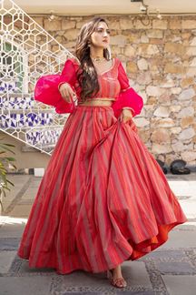 Picture of Wedding Designer Red Pink Colored Printed Lehenga Choli