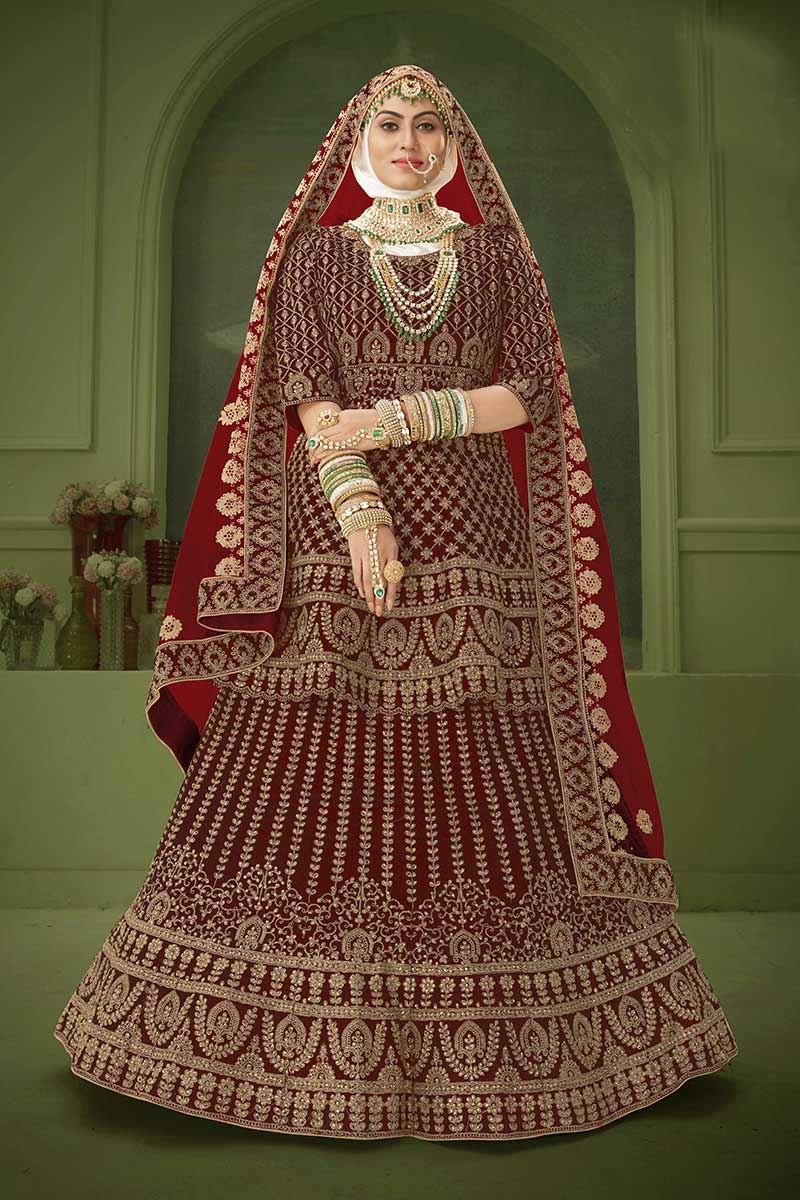 Royal Bridal Wedding Wear Latest Ethnic Maroon Velvet Net Lehenga Choli