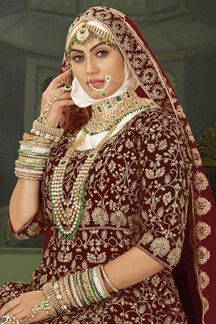 Picture of Designer Bridal Maroon Colored Wedding Wear Velvet Lehenga Choli