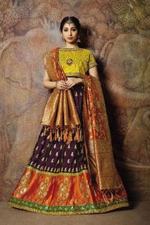 Picture of Multi-Colored  Jacquard Weaving Silk Partywear Lehenga Choli