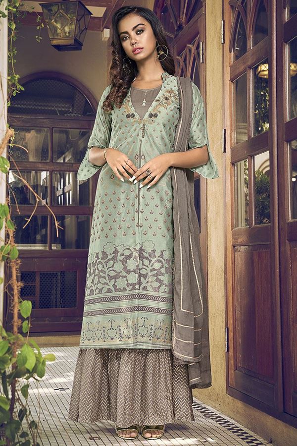 Picture of Green & Grey Colored Indo Western Style Jacket Suit (Unstitched suit)