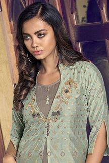 Picture of Green & Grey Colored Indo Western Style Jacket Suit (Unstitched suit)