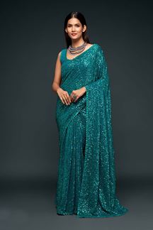Picture of Sequins Work Peacock Blue Colored Partywear Designer Saree
