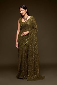 Picture of Sequins Work Olive Green Colored Partywear Designer Saree