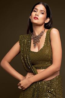 Picture of Sequins Work Olive Green Colored Partywear Designer Saree