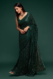 Picture of Sequins Work Bottle Green Colored Partywear Designer Saree