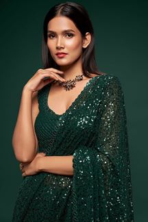 Picture of Sequins Work Bottle Green Colored Partywear Designer Saree