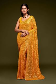 Picture of Sequins Work Mustard Yellow Colored Partywear Designer Saree