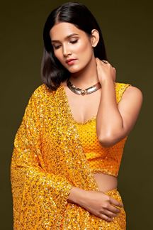 Picture of Sequins Work Mustard Yellow Colored Partywear Designer Saree