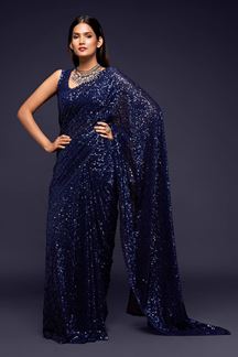 Picture of Sequins Work Navy Blue Colored Partywear Designer Saree