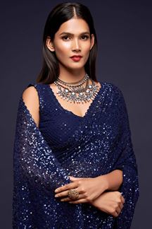 Picture of Sequins Work Navy Blue Colored Partywear Designer Saree