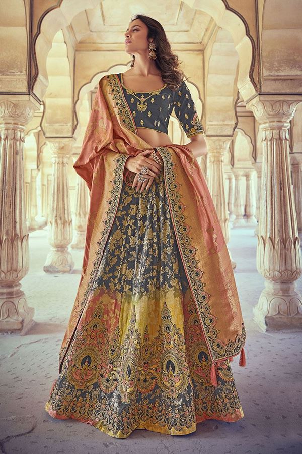 Picture of Magnificence Grey & Peach Colored Designer Silk Lehenga Choli