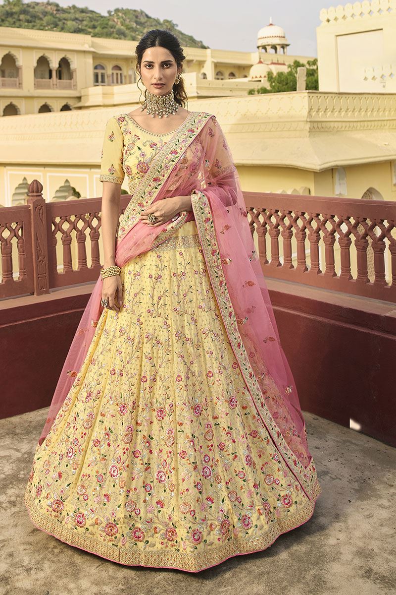 Yellow and Pink Embellished One Shoulder Lehenga and Cape Set – Fabilicious  Fashion