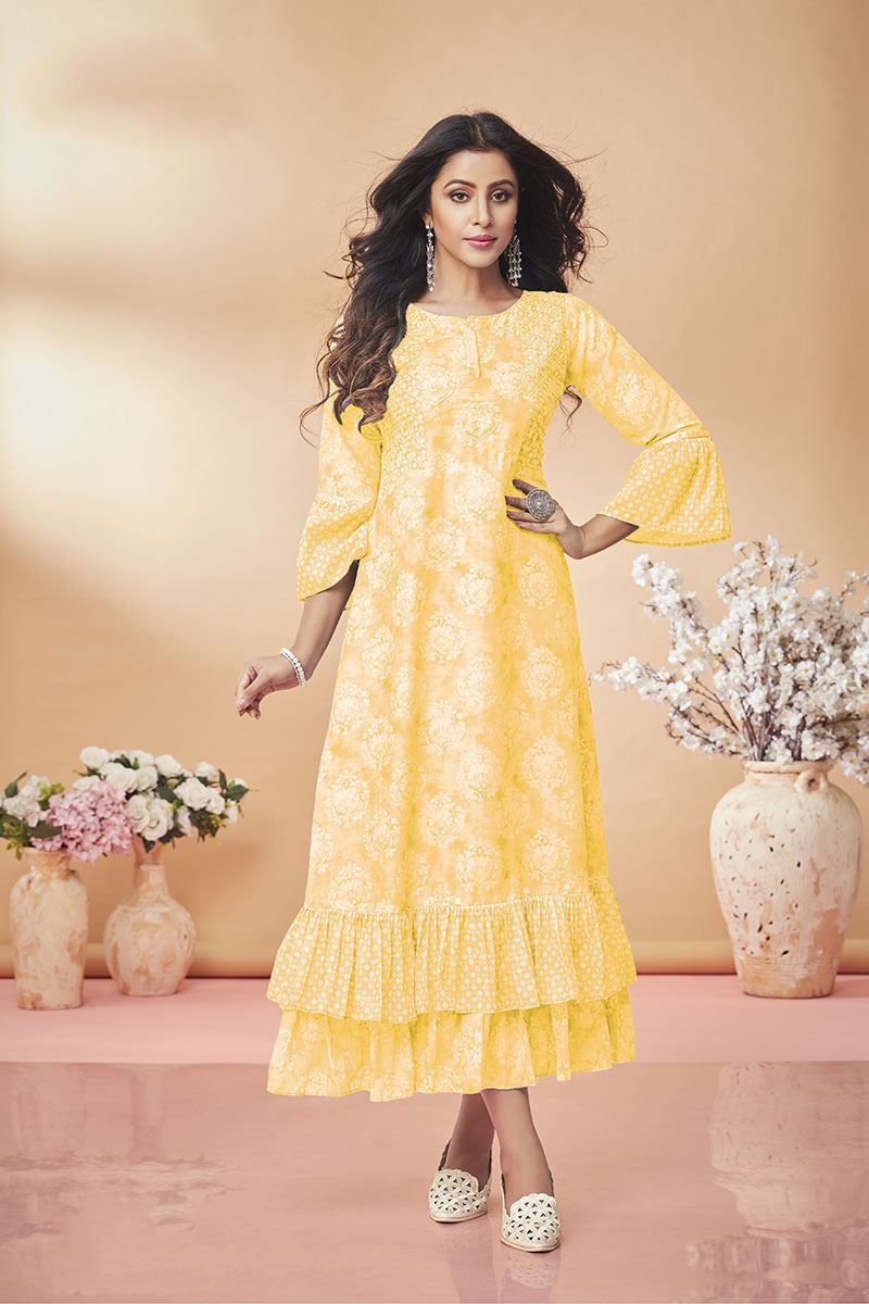 Buy Yellow Designer Embroidered Party Wear Rayon Kurti | Party Wear Kurtis