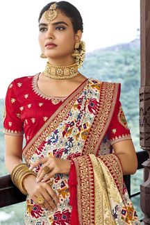 Picture of Appealing Cream and Red Colored Designer Saree