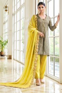 Picture of Exquisite Grey and Liril Green Colored Designer Suit (Unstitched suit)