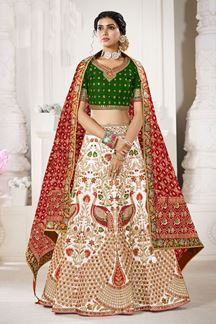 Picture of Glamorous Cream and Green Colored Designer Silk Lehenga Choli