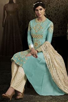 Picture of Astounding Firozi Colored Designer Suit (Unstitched suit)