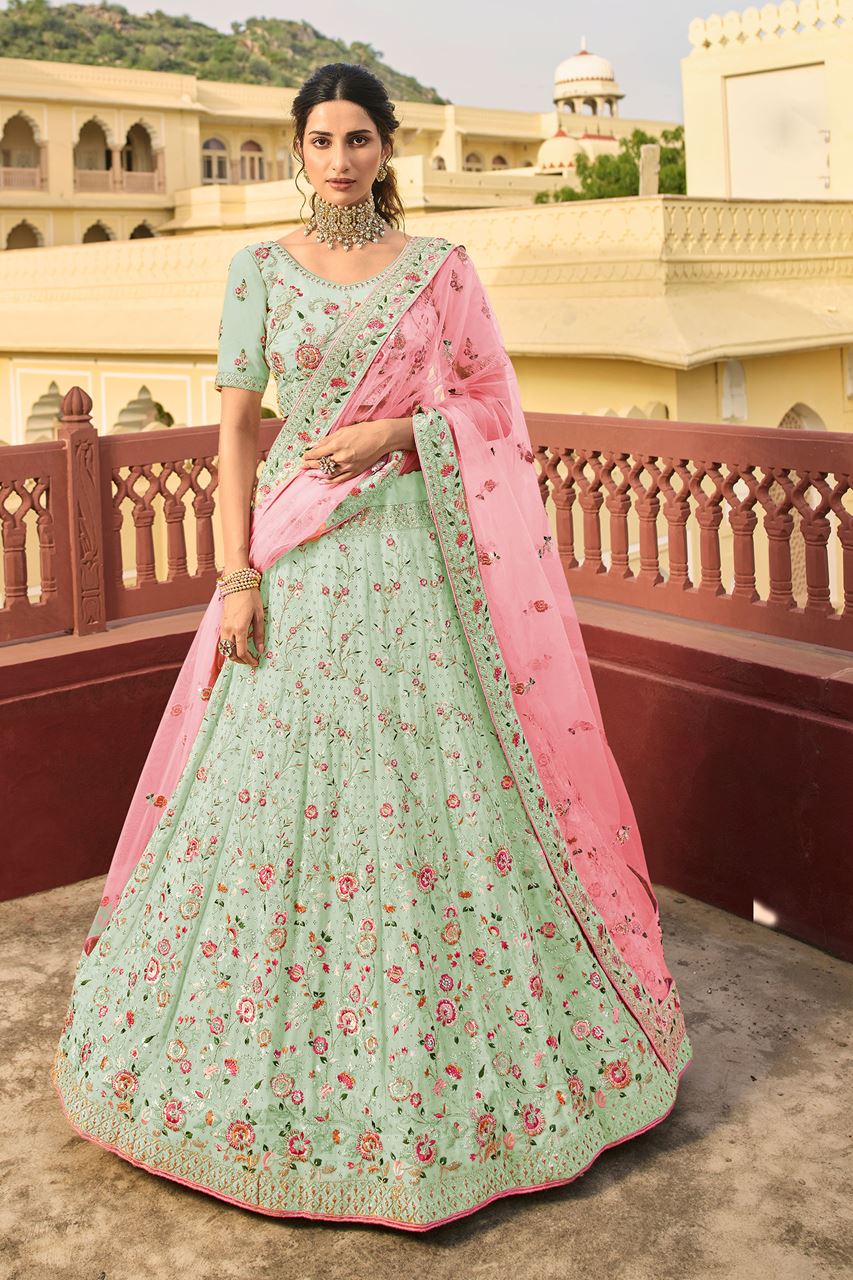 Buy Women Pista Green Tiered Lehenga Set With Contrast Embroidered Blouse  And Dupatta - Wedding Wonder - Indya