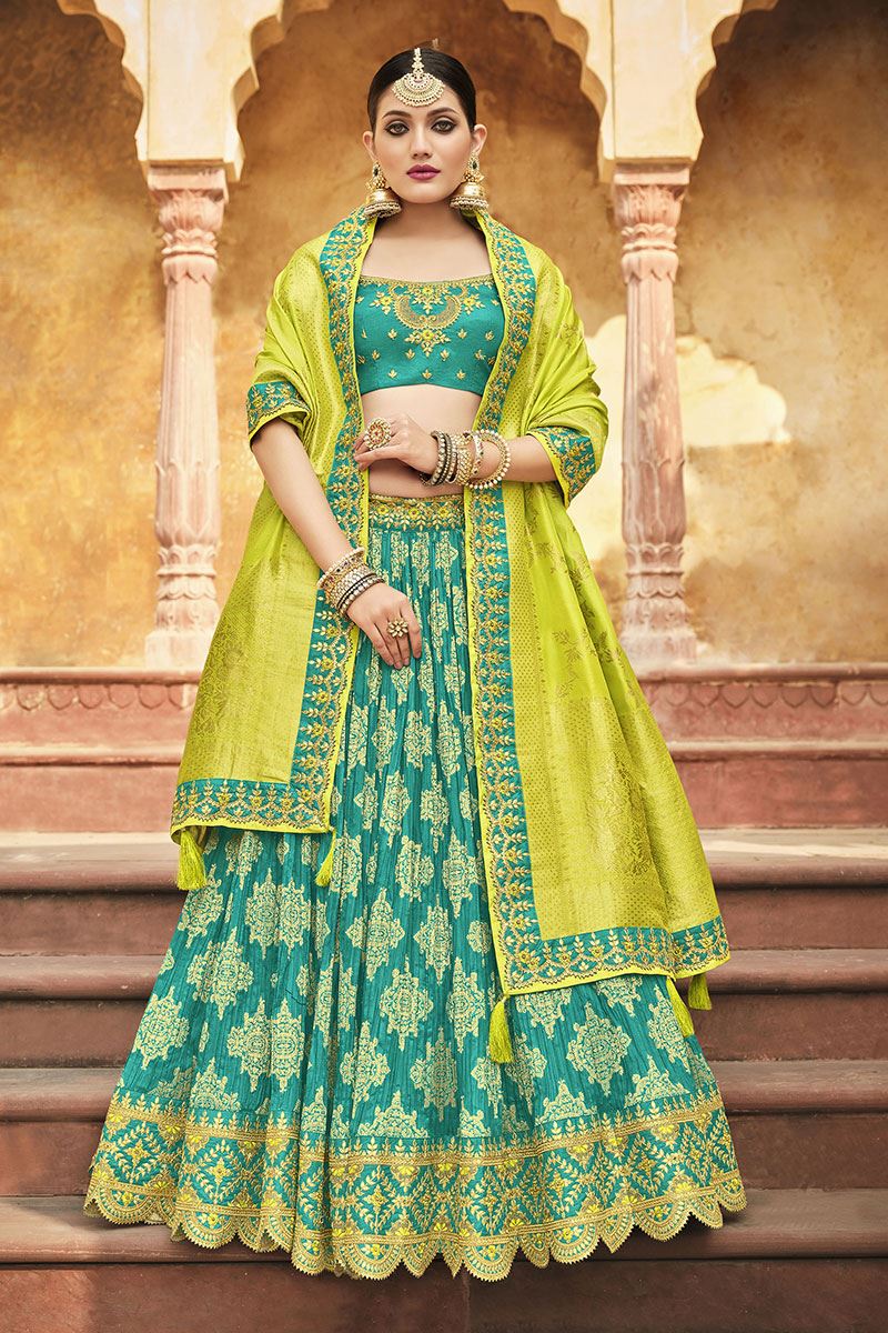 Parrot Green lehenga choli set made with a gorgeous georgette fabric and  designed with exquisite mirror resham and cut-dana work - House of Surya