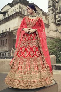 Picture of Awesome Red Colored Designer Silk Lehenga Choli