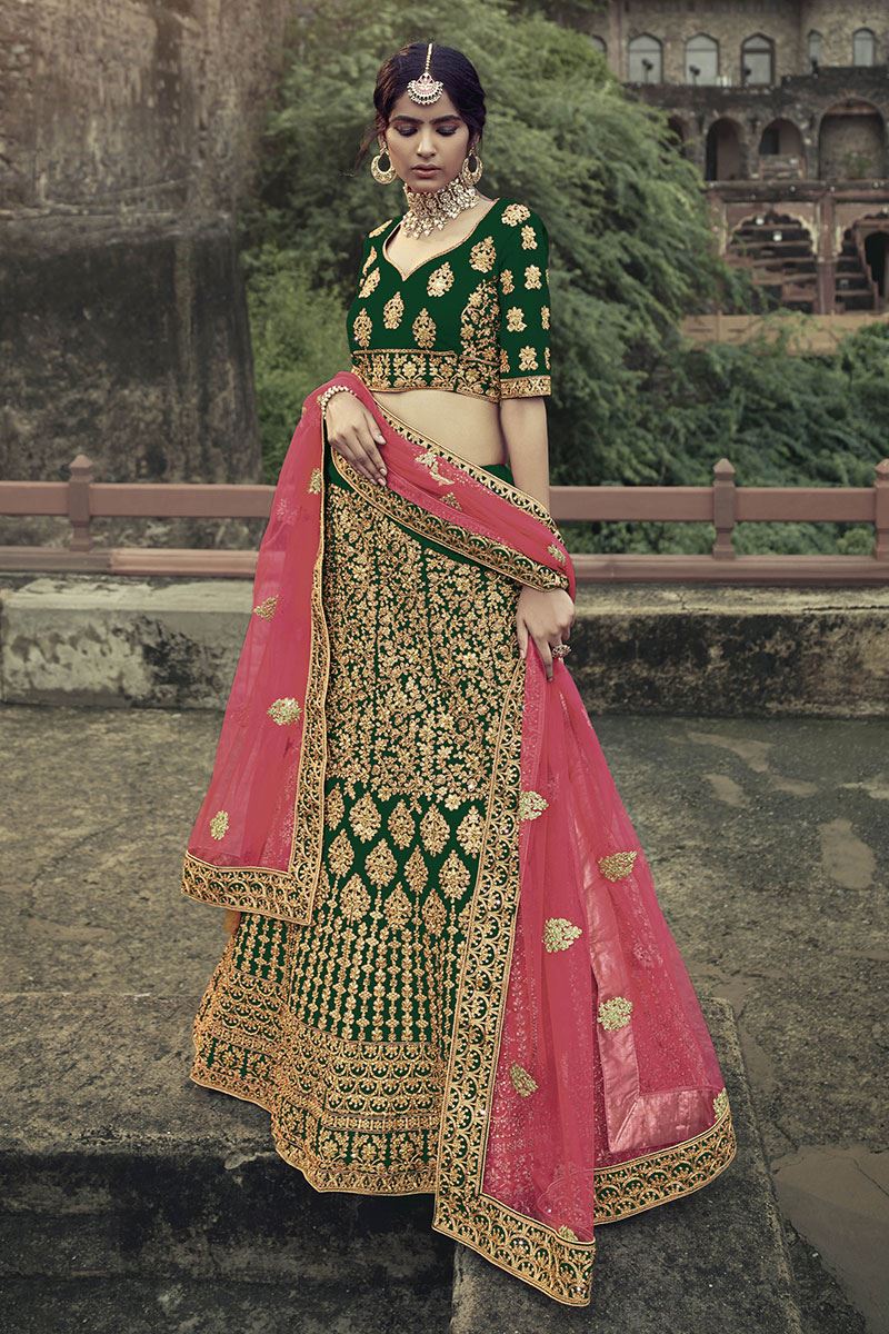 Traditional Wear Lehengas Satin Silk, Net & Raw Silk Fabrics- Bottle Green  & Peach Colour - Aapnam