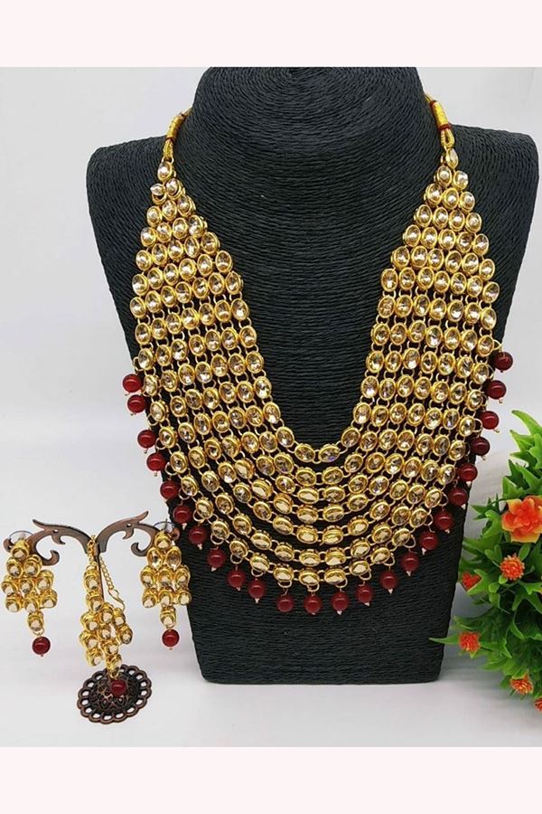 Picture of Magnificent Gold and Maroon Colored Imitation Jewellery Necklace Set