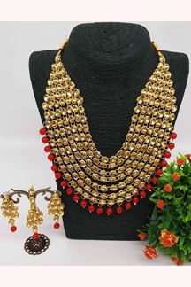 Picture of Engaging Gold and Red Colored Imitation Jewellery Necklace Set