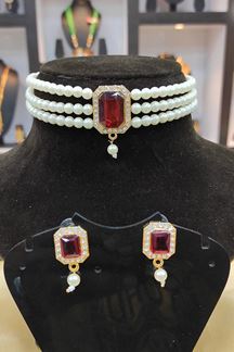 Picture of Ceremonious Maroon Colored Imitation Jewellery Necklace Set