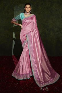 Picture of Artistic Pink and Rama Colored Designer Saree