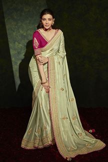 Picture of Ethnic Light Parrot Green and Pink Colored Designer Saree