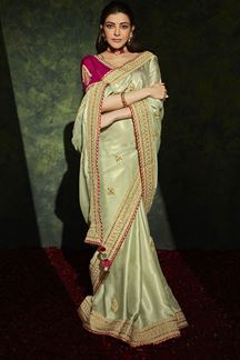 Picture of Ethnic Light Parrot Green and Pink Colored Designer Saree