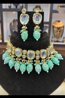 Picture of Gorgeous Cyan Colored Wedding wear choker with back Minakari