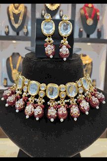 Picture of Divine Maroon Colored Wedding wear choker with back Minakari